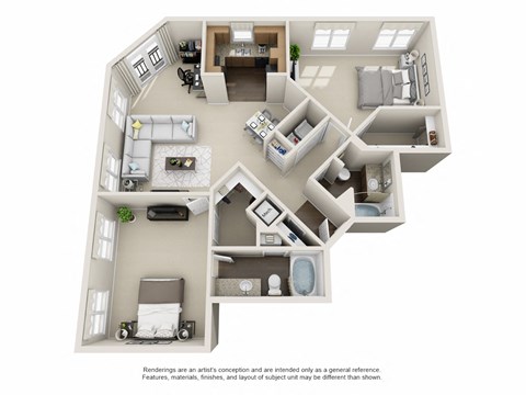 Floor plan for 2 beds, 2 baths, 1304 sqft